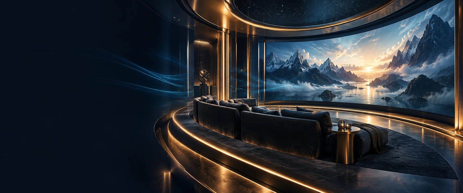 A cinematic screening room with a panoramic display